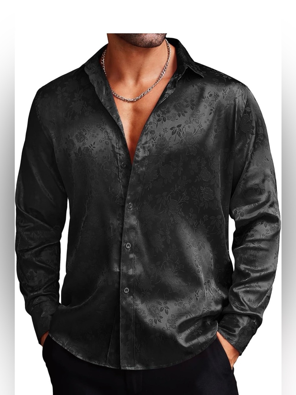 COOFANDY Men's Silk Satin Dress Long Sleeve Floral Button Up Shirt